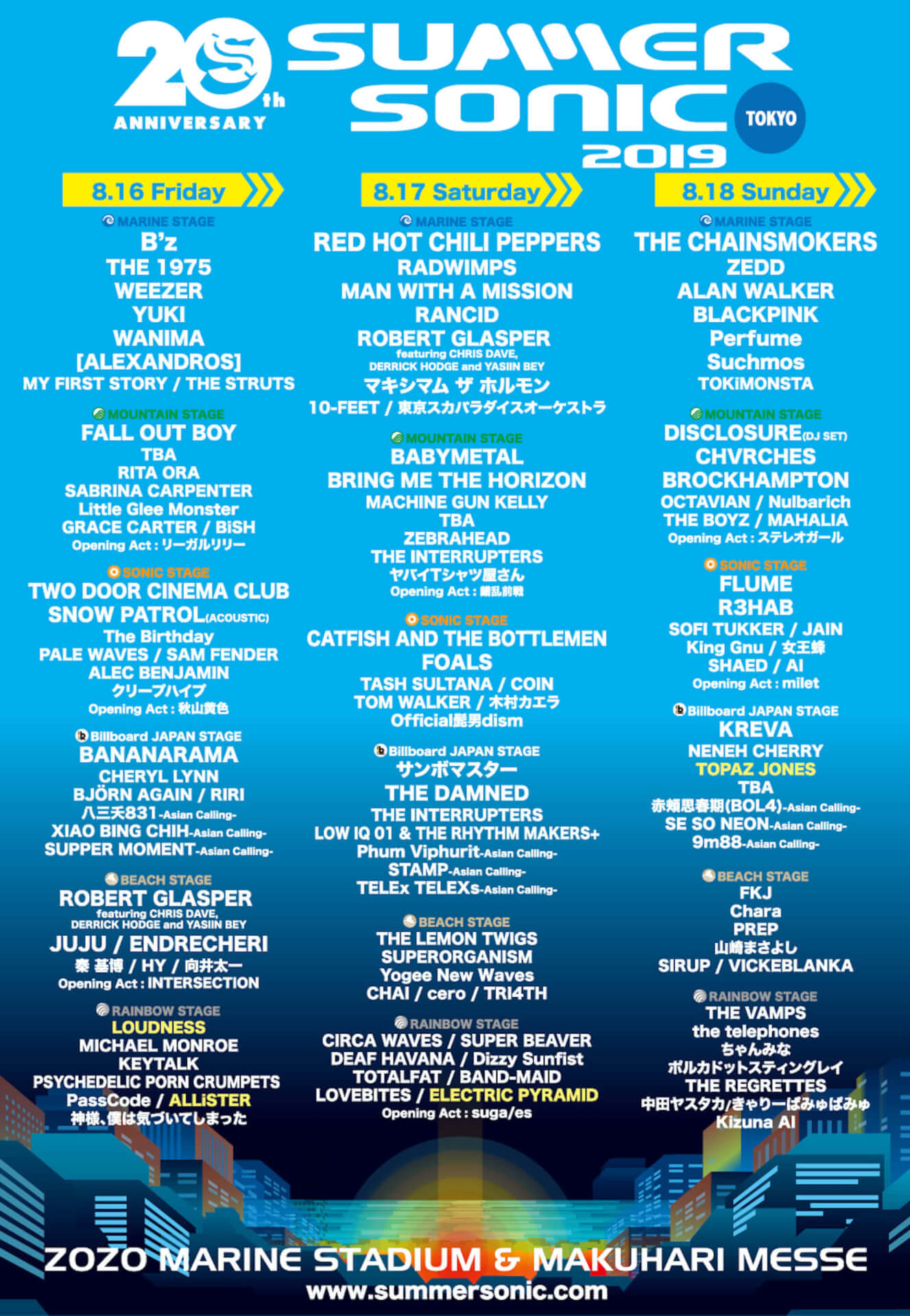 本日8月16日、＜SUMMER SONIC 2019＞のBEACH STAGEが開催中止と発表 