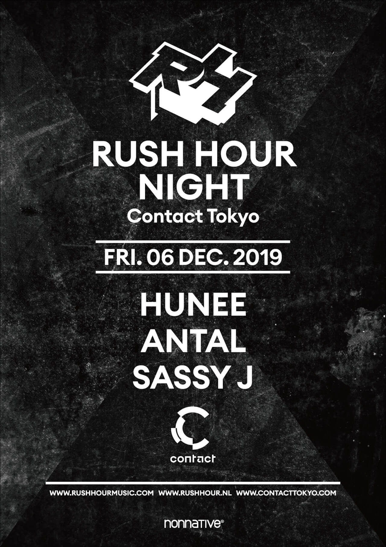 〈Rush Hour〉のレーベルナイトがContact Tokyoにて開催｜HuneeとAntalが5時間セットを披露、Sassy J、Shinichiro Yokotaらが登場 music191203-rushhour-1