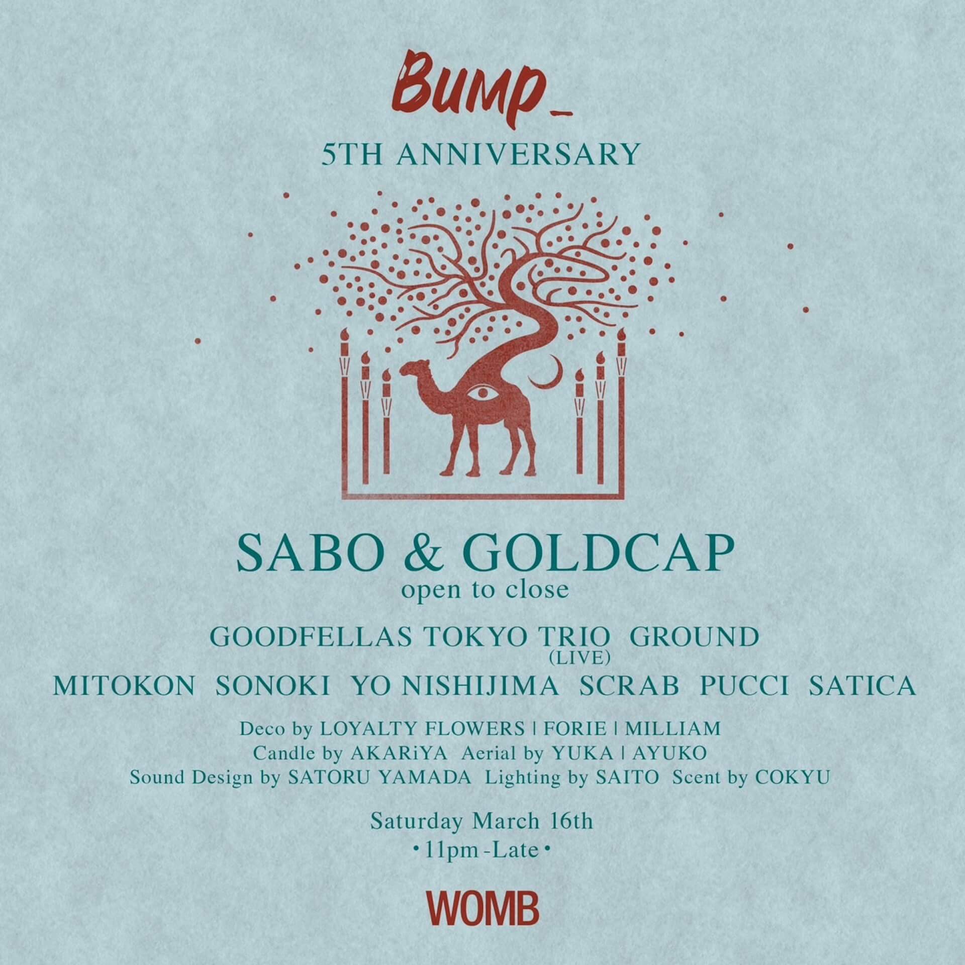 Sabo & GoldcapがOpen to Closeを披露！渋谷・WOMBの全フロアを使った＜Bump_ 5th ANNIVERSARY＞今週末開催 music240314-bump-5th