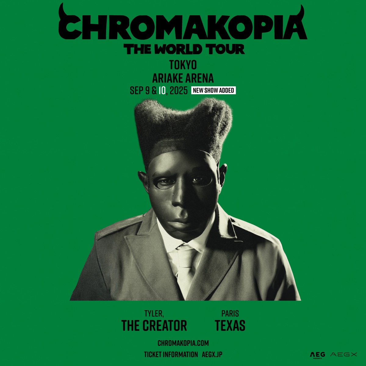 タイラー・ザ・クリエイター、8年ぶり来日公演＜CHROMAKOPIA: THE WORLD TOUR＞9月10日追加公演が決定 221841_KV01_TylerTheCreator_newshowadded_1200_1200