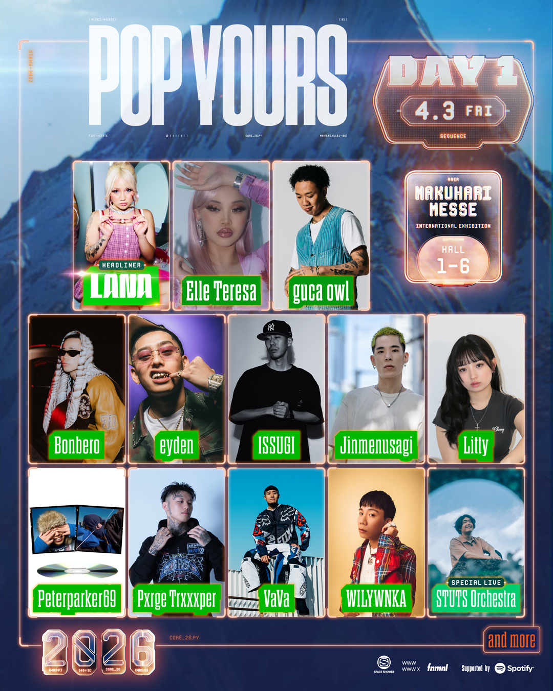 <POP YOURS 2026>が第1弾ラインアップとしてヘッドライナーのLANA、千葉雄喜、KEIJUをはじめ計37組をアナウンス PY26_day1_shugou_f <POP YOURS 2026>が第1弾ラインアップとしてヘッドライナーのLANA、千葉雄喜、KEIJUをはじめ計37組をアナウンス PY26_day1_shugou_f