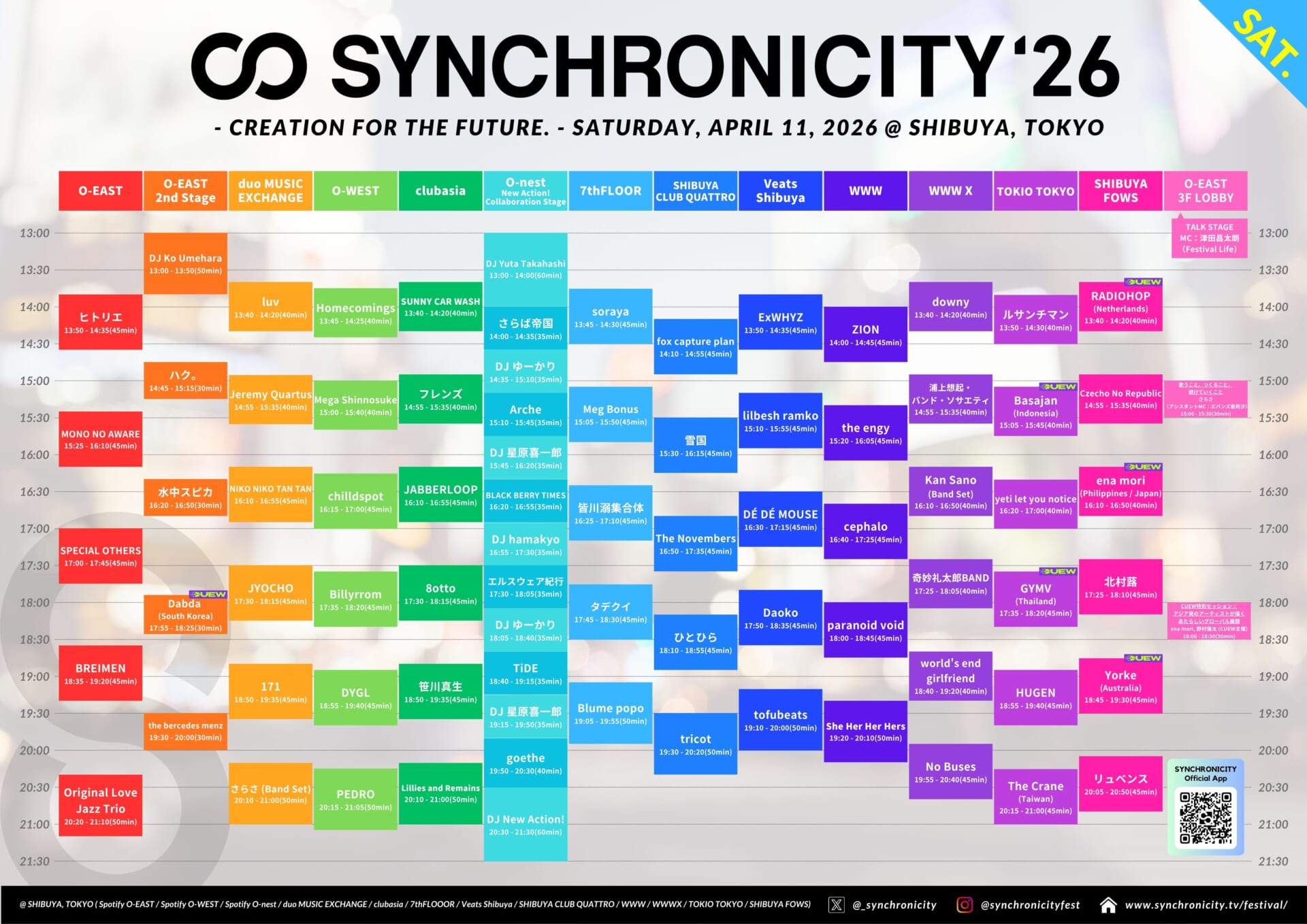 東京・渋谷で開催される都市型フェスティバル＜SYNCHRONICITY’26＞の最新情報が解禁 SYNCHRONICITY26-TimeTable-0411-final-1920x1358